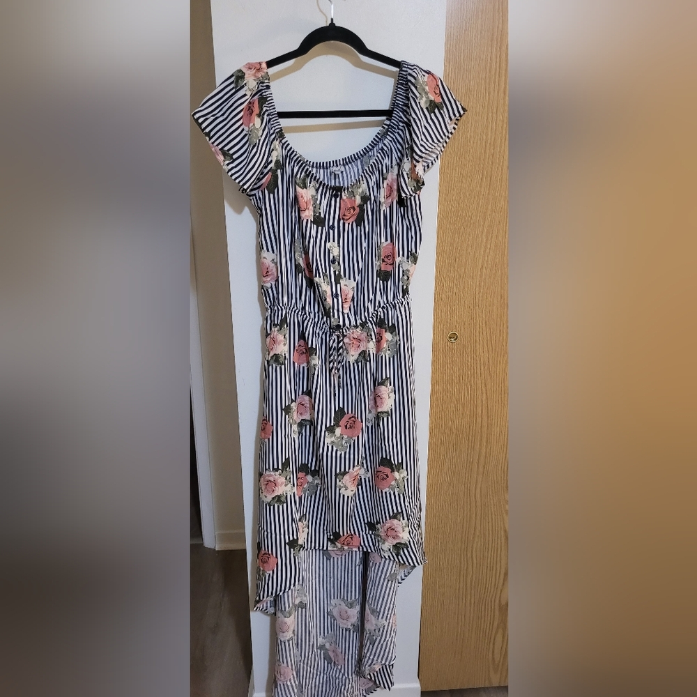 Kismet Black and White Striped hi low  Maxi Dress with Pink Floral Design